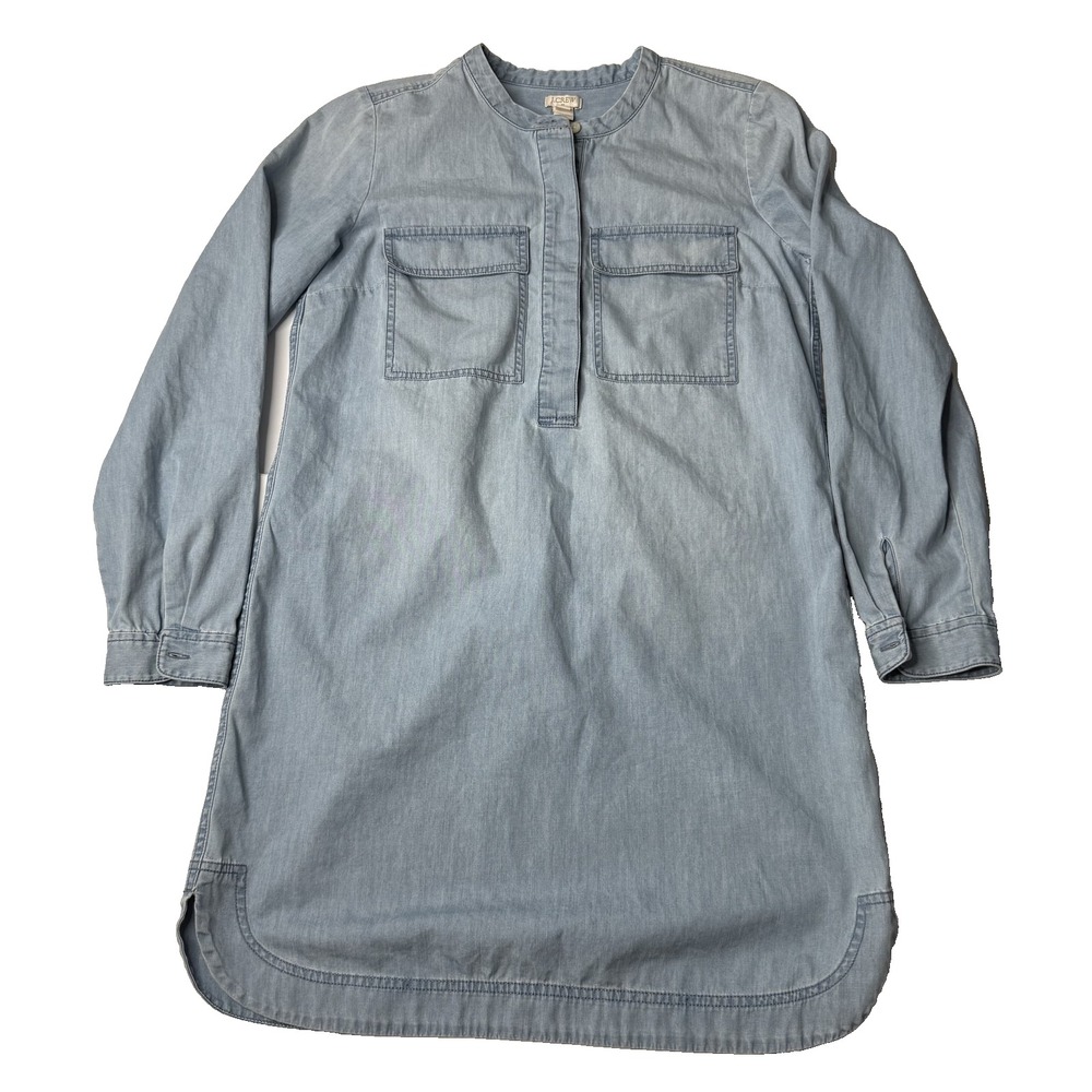 J Crew Shirt Dress Womens Small Blue Dress Chambray Denim Pockets Long Sleeve
